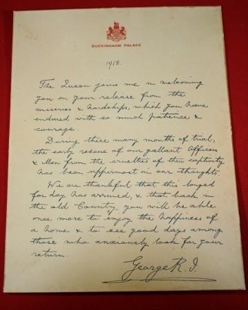 1918 Letter from King Geo V to freed allied POW's