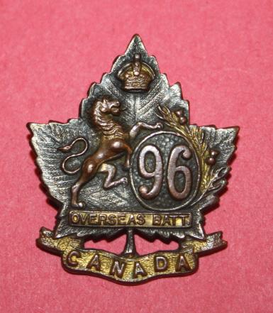 CEF 96th Battalion Officer Silver and gilt Collar Badge