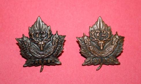 72 Batallion Seaforth Highlanders of Canada Collar Badges - Matching Pair OB ALLAN