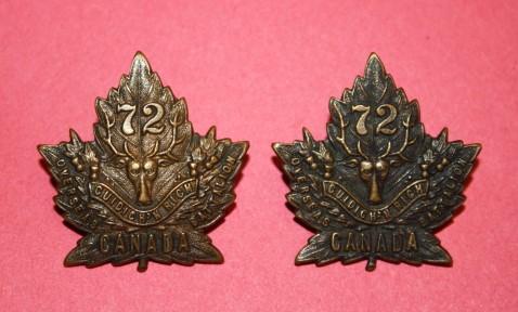 72 Battalion Seaforth Highlanders of Canada Collar Badges - Matching Pair